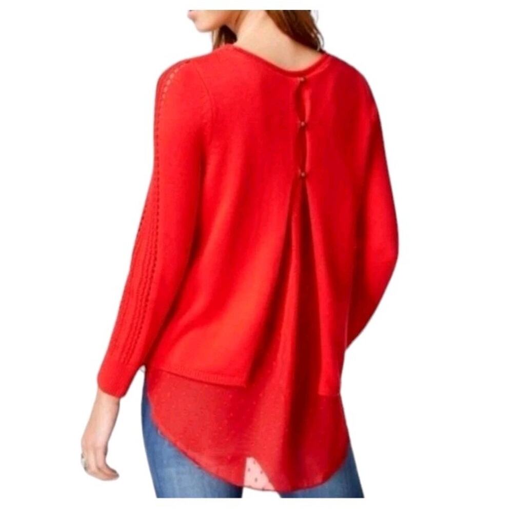 Lucky Brand Red Chiffon Mixed Media Sweater Sz L Sheer Open Back Pullover Flowy